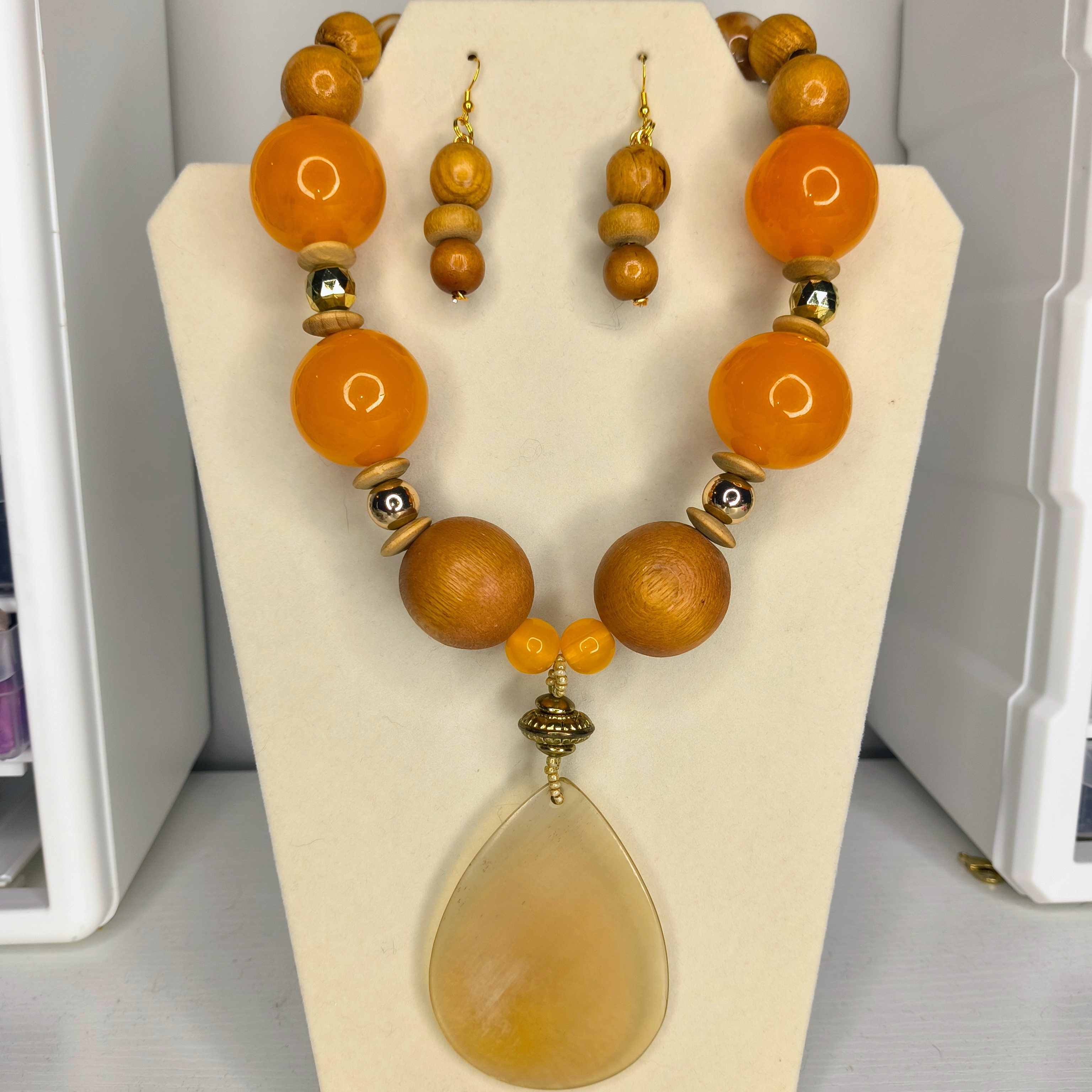 Orange And Gold Beaded Necklace And Earring Set